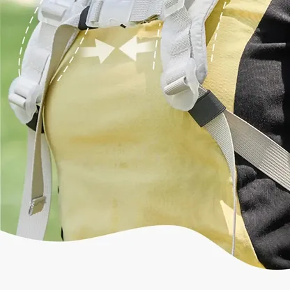 Close-up of the chest strap fastened across the two shoulder straps