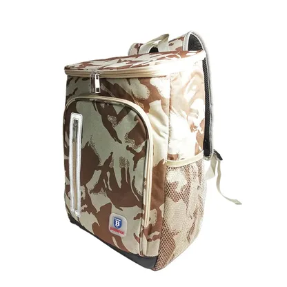 Desert camouflage cooler backpack, three-quarter view