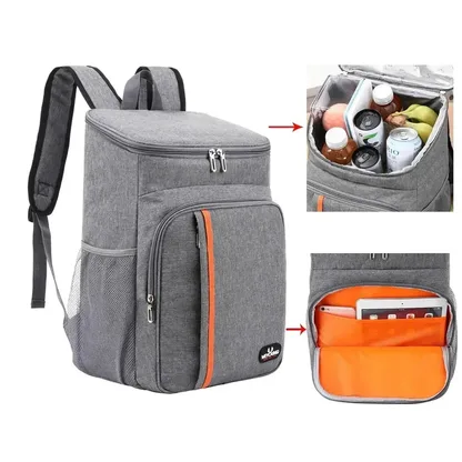 Grey cooler backpack with insets of the insulated main compartment and front pocket