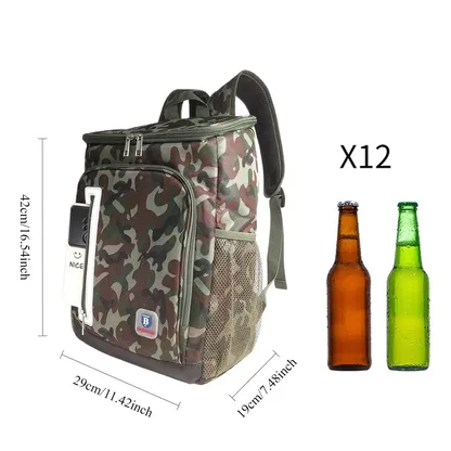 Camouflage cooler backpack with its measurements and twelve bottles for scale