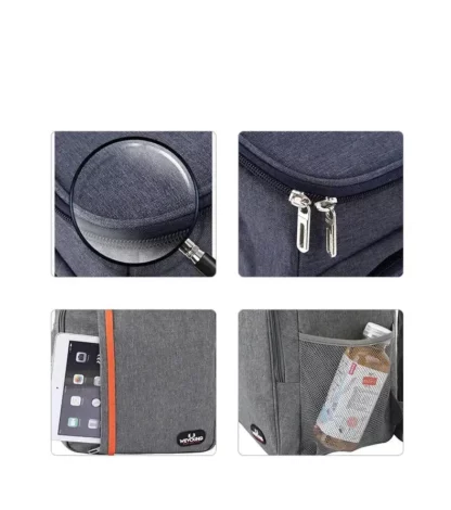 Close-ups of the zip pulls, front pocket and side pocket on the grey backpack