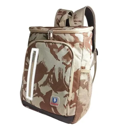 Desert camouflage insulated cooler backpack, three-quarter view