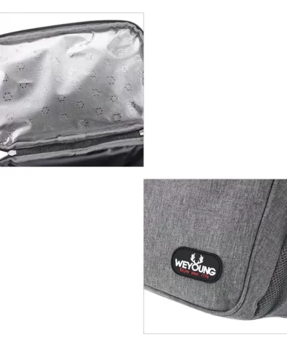 Close-ups of the silver insulated lining and the logo on the grey backpack
