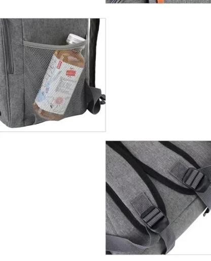 Close-ups of a bottle in the mesh side pocket and the straps of the grey backpack