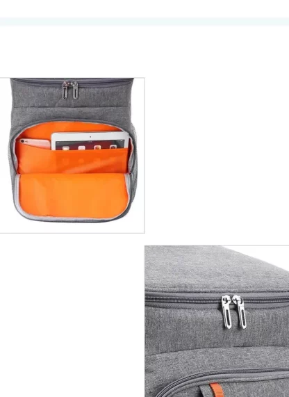 Close-ups of the orange-lined front pocket with a tablet and the top of the grey backpack