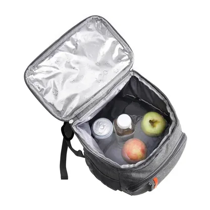 Open grey cooler backpack showing the silver insulated lining, drinks and fruit