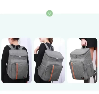 Three photos of a woman carrying the grey backpack on her back and by the handle
