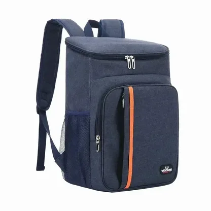 Navy blue insulated cooler backpack with an orange stripe, three-quarter view