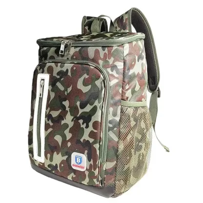 Camouflage insulated cooler backpack with a reflective strip, three-quarter view