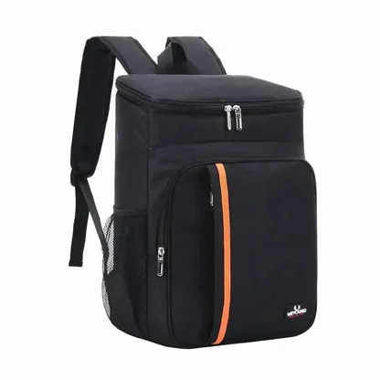 Black insulated cooler backpack with an orange stripe, three-quarter view