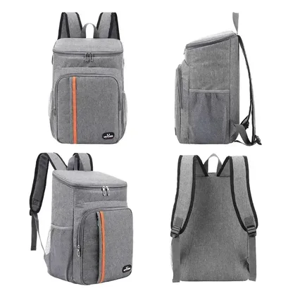 Grey cooler backpack shown from the front, side, three-quarter and back