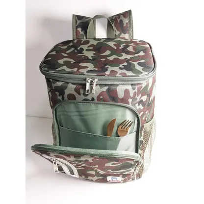 Camouflage cooler backpack with the front pocket open, holding cutlery