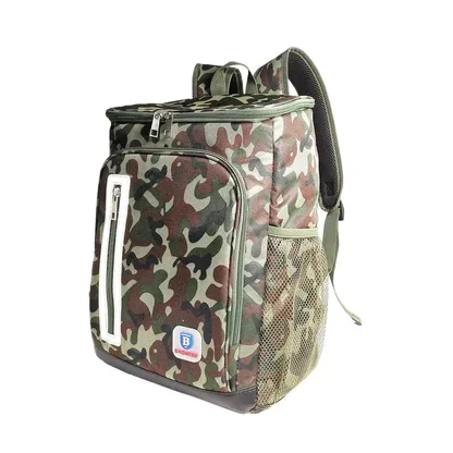 Camouflage cooler backpack seen from above at three-quarter angle