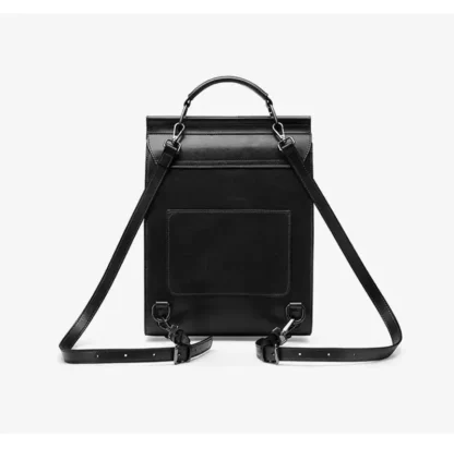 Black vintage leather backpack from the back, showing the straps and a back pocket