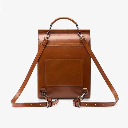 Brown vintage leather backpack from the back, showing the straps