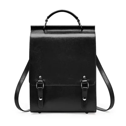 Women's vintage split leather backpack in black, front view with flap and rivets