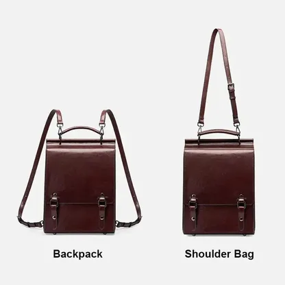 Infographic showing the vintage leather backpack worn as a backpack and carried as a shoulder bag