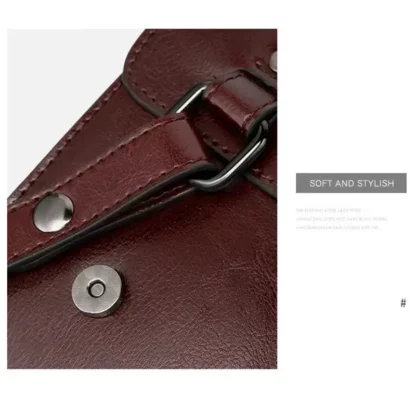 Close-up of the flap buckle strap and magnetic snap, with the text Soft and stylish