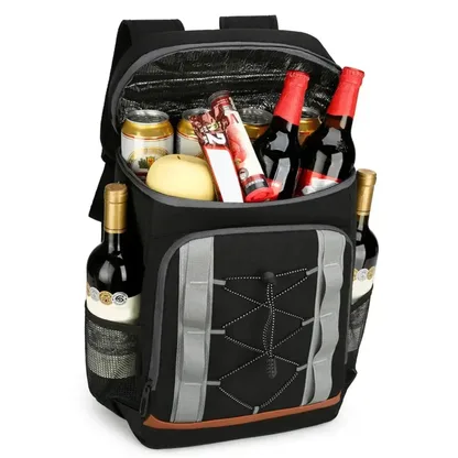 Black insulated backpack packed with drinks, with bottles in the side pockets
