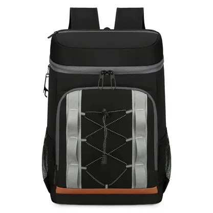 Black insulated picnic backpack with grey bands, front view
