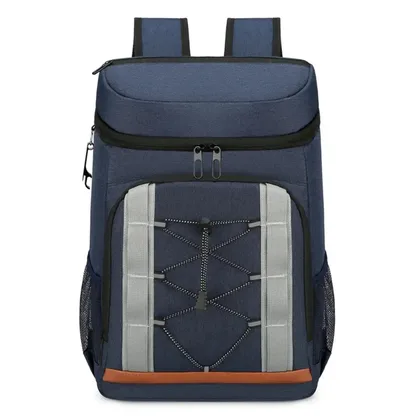 Navy blue insulated picnic backpack, front view