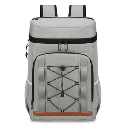 Light grey insulated picnic backpack with a bungee cord and tan trim, front view