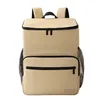 Sand-coloured cooler backpack with a front zip pocket and mesh side pocket, front view