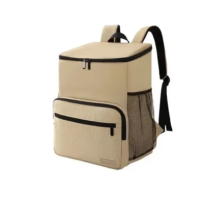 Sand-coloured cooler backpack seen at an angle, with its straps