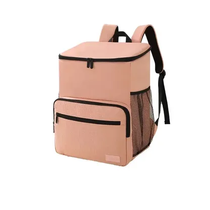 Pink cooler backpack with a front zip pocket and mesh side pocket