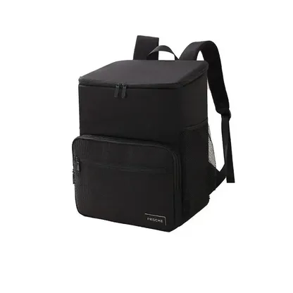 Black cooler backpack with a front zip pocket and mesh side pocket