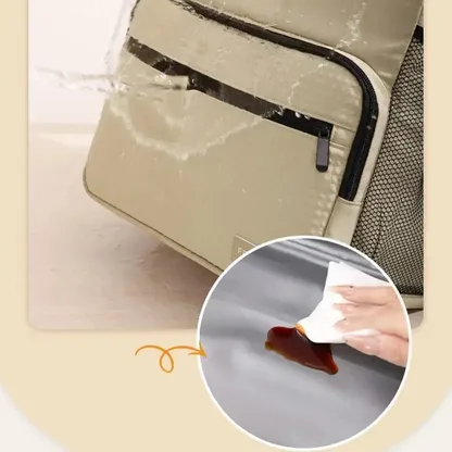 Water splashing the front of the backpack, and a stain being wiped from the lining