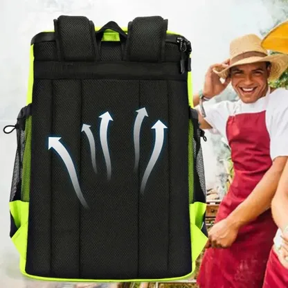 Back panel with airflow arrows beside a smiling man at a barbecue