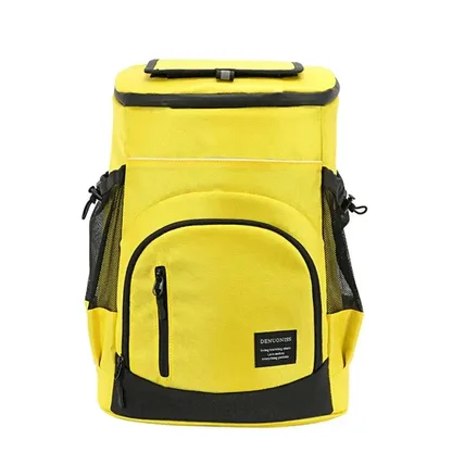 Yellow insulated lunch backpack, front view