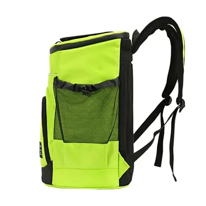 Side view of the neon green backpack with its mesh side pocket and straps