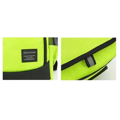 Close-ups of the front label and the edging of the neon green backpack