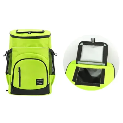 Neon green backpack with a close-up of the open top lid and its clear inner pocket