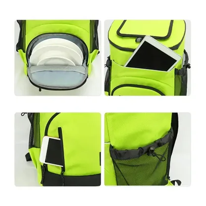 Four close-ups showing plates inside, a tablet and a phone in the pockets, and a mesh side pocket