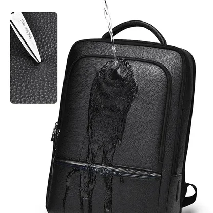 Water poured on the faux leather backpack, with an inset of a knife and the text Stainless steel