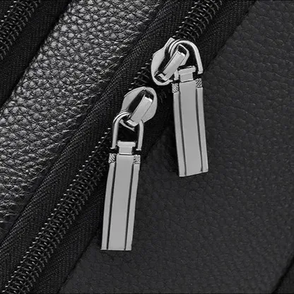 Close-up of the zipper pulls on the faux leather laptop backpack
