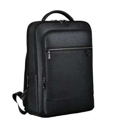 Black faux leather laptop backpack, angled front view