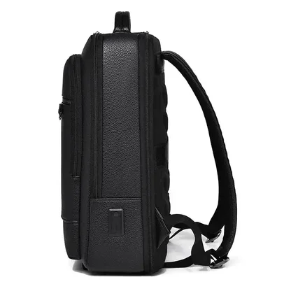 Side view of the black faux leather laptop backpack with the USB port
