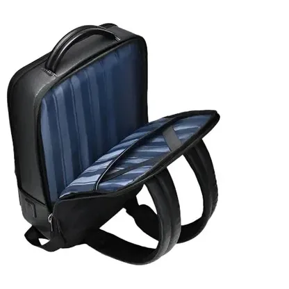 Faux leather laptop backpack opened flat, showing the blue striped lining