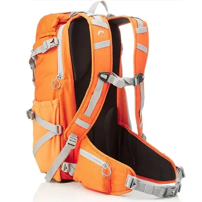 Orange backpack in three-quarter back view, showing the straps and hip belt