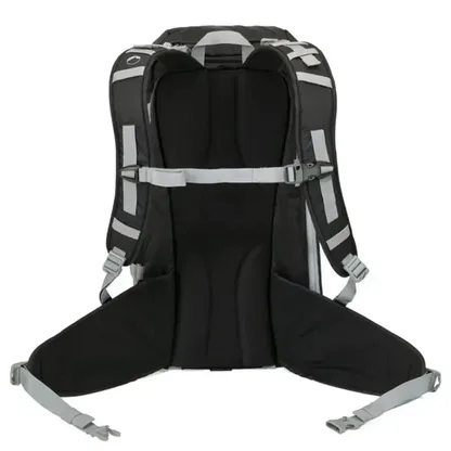 Back of the black backpack with its padded back panel and hip belt