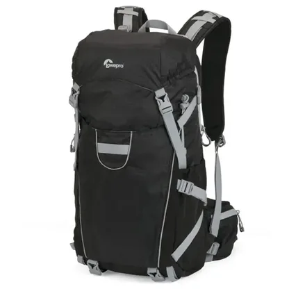 Black camera backpack with gray straps and buckles, seen from the front