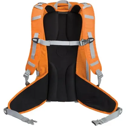 Back of the orange backpack with its padded back panel, straps and hip belt