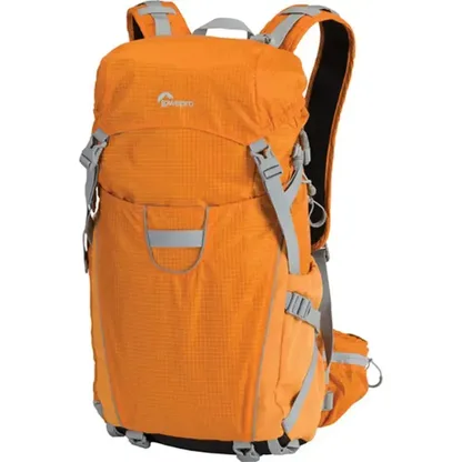 Orange waterproof camera backpack with gray straps and buckles, seen from the front