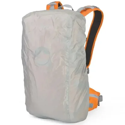 Backpack covered by its gray rain cover