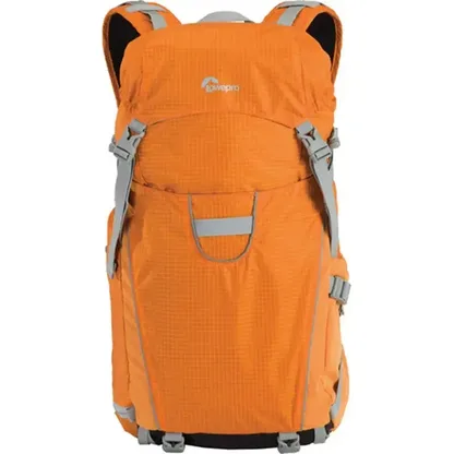 Orange camera backpack seen from the front
