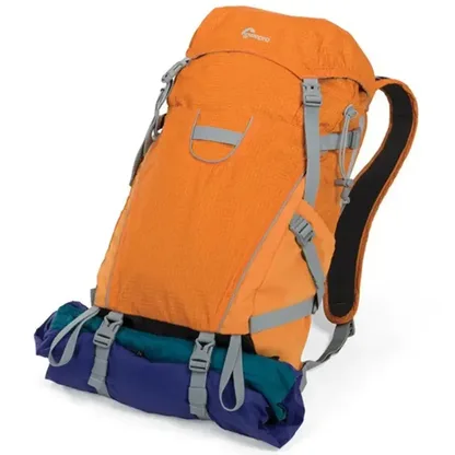 Orange backpack with a rolled sleeping mat strapped underneath